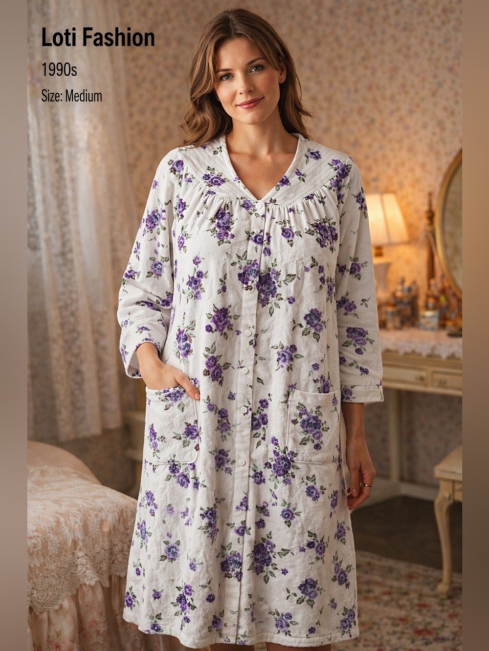 Vintage 90s Loti Fashion Floral Housecoat Robe Cottagecore Pockets M